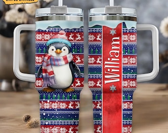 Personalized Penguin Christmas 40oz Tumbler with Handle – Custom Stainless Steel Holiday Cup – Cute Gift for Kids and Winter Lovers