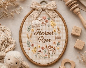 Personalized Embroidered Baby Name Hoop, Custom Farm Nursery Wall Decor, Animal Baby Name Sign, Baby Shower Gift, Neutral Baby Announcement