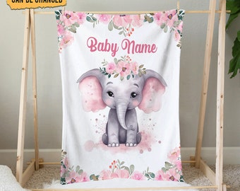 Personalized Cute Elephant Blankets, Custom Baby Blanket, Elephants Plush Fleece, Best Gift for Newborn Boy, Girl, Baby Elephant Blanket