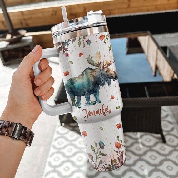16 Oz Camping Cabin & Moose Design Tumbler - Double Walled Insulated Travel Mug With Lid