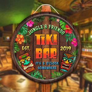 Gepersonaliseerde Tiki Bar houten bord, Tiki ronde houten borden, aangepaste bar teken, decor voor achtertuin zwembad Tiki Hut strandbar pub