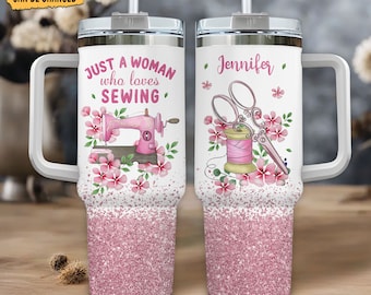 Personalized Sewing Tumbler: 40oz Stainless Steel Cup with Handle & Straw