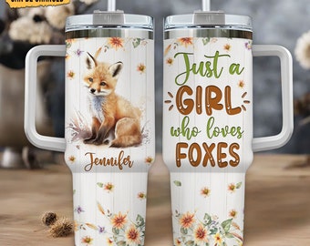 Personalized Fox Tumbler 40oz: Floral Stainless Steel Travel Mug