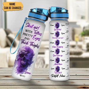 Personalized Skull Girl With Tattoo Pretty Eyes Water Bottle Gifts For Women Girls Skull Tattoo On Birthday, Skull Water Bottle