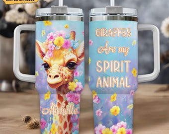 キリン好きのためのパーソナライズされた40オンスタンブラー（ハンドル付き） - ステンレススチール製断熱トラベルカップ - 女性や友人へのユニークな動物ギフト