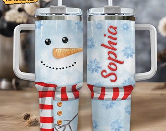 Bicchiere natalizio personalizzato da 40 once con manico a forma di pupazzo di neve – Tazza natalizia personalizzata in acciaio inossidabile – Grazioso regalo invernale per famiglie e bambini