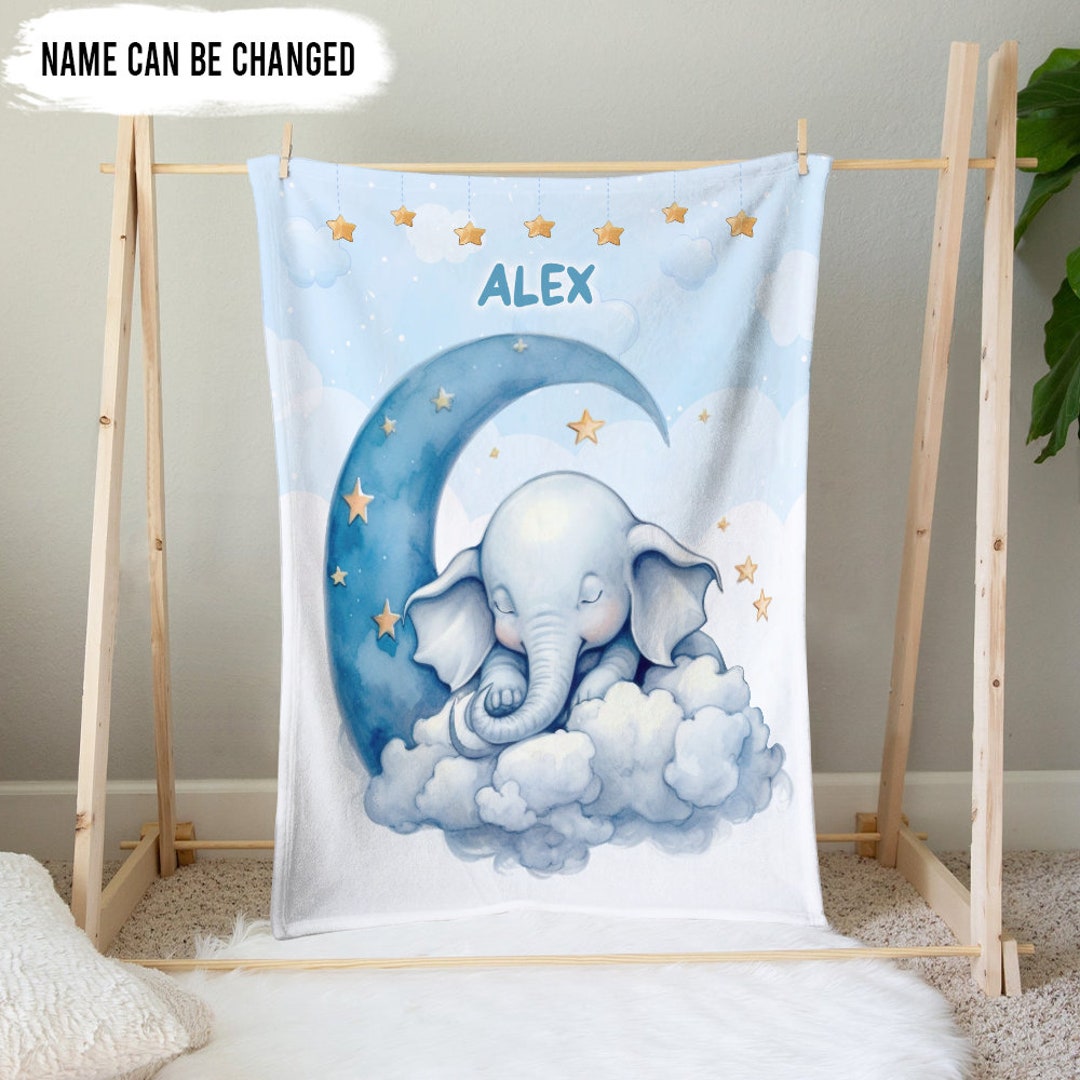 Personalized Baby Elephant Blanket, Sleeping Elephant on Moon, Baby