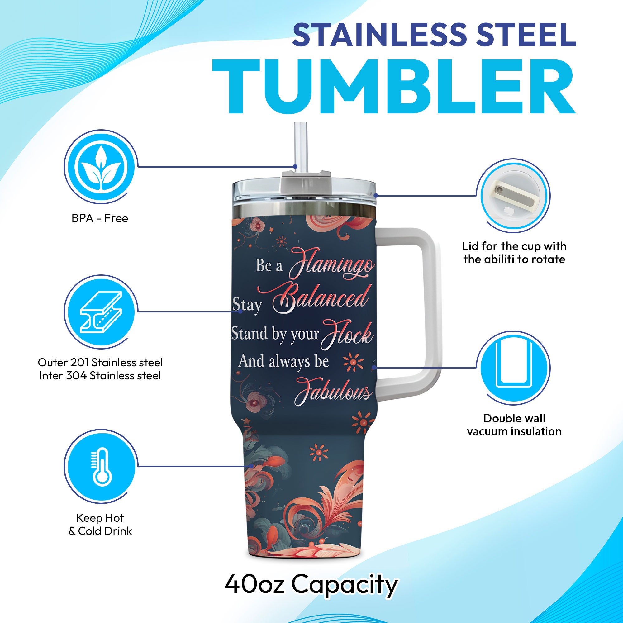 Newtay Flamingo Geschenkset Für Frauen – Edelstahl-Becher 590ml, Kosmetiktasche, 8 Haargummis
