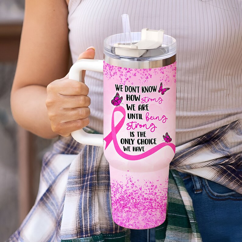Personalized Breast Cancer 40oz Tumbler With Handle and Straw, Breast ...