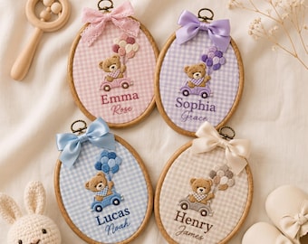 Personalized Embroidered Baby Name Hoop, Custom Teddy Bear Nursery Wall Decor, Baby Name Sign, Baby Shower Gift, Birth Announcement Sign