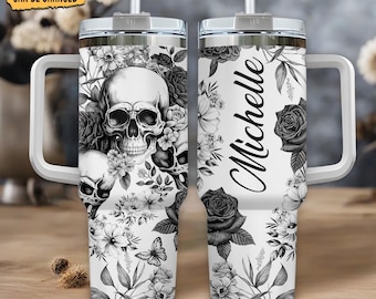 Floral Skull Personalized 40oz Tumbler with Handle  – Stainless Steel Insulated Travel Cup – Gothic Floral Gift for Women Skull Lovers