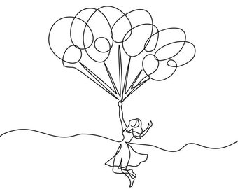 La niña vuela con un montón de globos. Un dibujo de personas, animales y paisajes. Utilizado para la decoración del hogar, colgar la pared, etc.