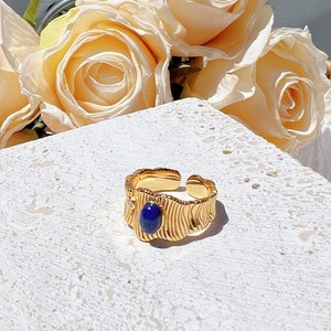 Chevalière lapis lazuli naturel unisexe, pierre précieuse bleue ovale avec zircon, grosse bague en or avec anneau épais, bague ajustable, cadeau