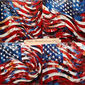 May include: A close-up of four abstract paintings depicting the American flag. The paintings are created using a thick, impasto style with bold strokes of red, white, and blue paint.