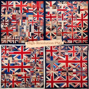Könnte beinhalten: Eine Steppdecke aus vielen kleinen Stoffquadraten, die jeweils eine andere Variante der Union Jack-Flagge zeigen. Die Steppdecke besteht aus vier Paneelen, die jeweils eine andere Anordnung der Flaggen haben. Die Steppdecke ist in leuchtenden Farben gehalten: Rot, Weiß und Blau.