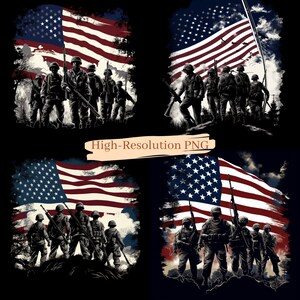Könnte beinhalten: Vier digitale Illustrationen von Soldaten, die vor einer amerikanischen Flagge stehen. Die Flagge ist rot, weiß und blau mit Sternen. Die Soldaten tragen Militäruniformen und halten Gewehre. Der Hintergrund ist schwarz.