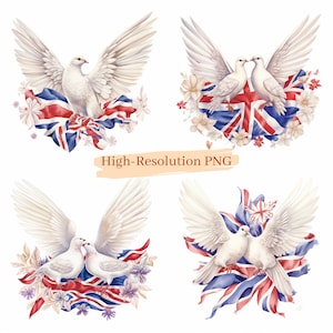 Union Jack et colombes : paix et tranquillité Digital Design - 4 fichiers PNG - fond blanc