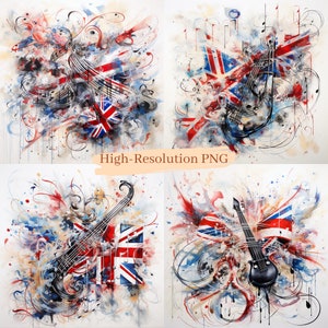Union Jack et musique : drapeau britannique entrelacé de symboles musicaux - Royaume-Uni - 4 fichiers PNG haute résolution - téléchargement immédiat