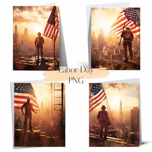 Labor Day Americana Clipart - Construction Worker, American Flag, Sunrise - PNG Image for Labor Day Decor, Gifts, and Print Projects