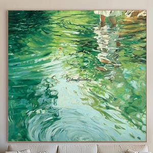 Oil painting of a girl on water, lakeside painting, green textured art, landscape wall decoration