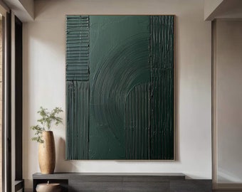 Hand Painted Forest Green Abstract Canvas Art, Minimalist Decor