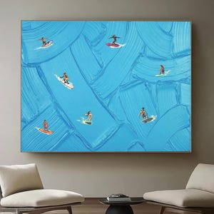 Large 3D Texture Surfing Art: Abstract People Painting, Blue Wall Decor