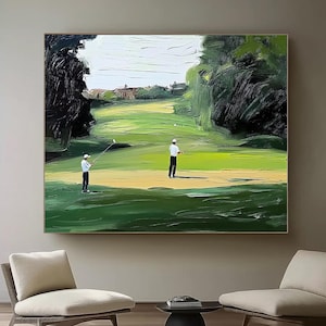 Original handmade art,large golf course painting, golf wall art,abstract figure playing golf art,golf art wall decor,green textured wall art
