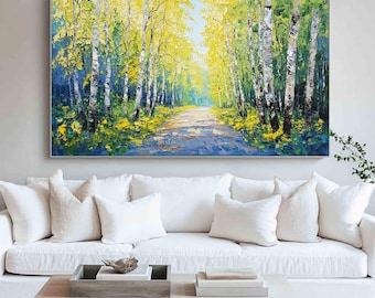 Large Birch Tree Abstract Oil Painting, Forest Landscape Art