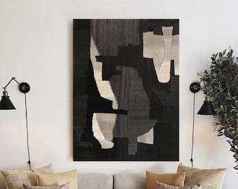 Beige Wabi Sabi Wall Art Black Beige Abstract Painting Black Minimalist Canvas Art Large Neutral Wall Decor Rich Textured Canvas Painting