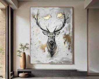 Abstract Deer Oil Painting on canvas, Large Original Deer Canvas Wall Art, Modern Minimalist Animal Painting for Bedroom Living Room