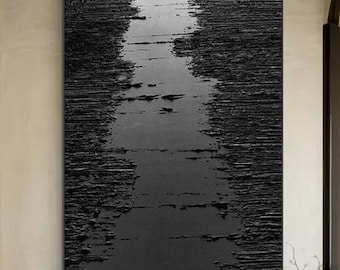 Pintura abstracta negra texturizada en 3D - Arte mural de yeso Wabi Sabi