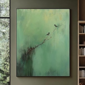 Large green abstract sparrow painting, modern wabi-sabi wall painting,olive green abstract art,two birds oil painting,sparrow art wall decor