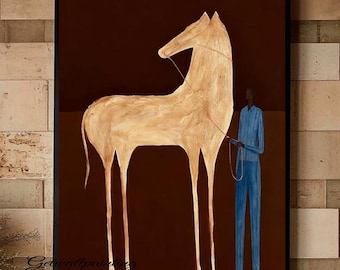 May include: An abstract painting of a horse and a person in a blue suit. The horse is beige with long legs, and the person is holding a rope. The background is a dark brown color. The painting is framed and hanging on a wall.