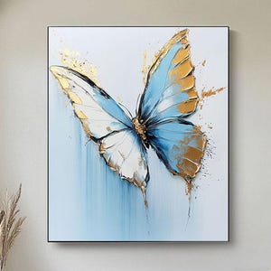 arte astratta blu oro, arte delle farfalle, arte minimalista, decorazione della stanza con dipinti di farfalle, pittura con texture 3D, arte blu e bianca, arte con animali