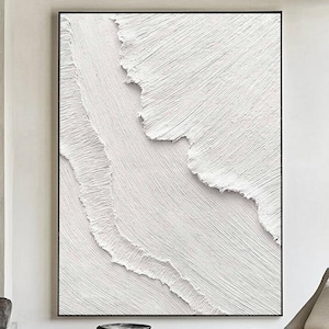 Large-scale seascape painting, white three-dimensional textured wall art, abstract plaster wave painting.