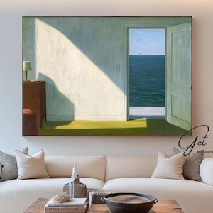 Edward Hopper style realism, large hand-painted seascape oil painting, door leading to the seaside painting,quiet work art,room abstract art