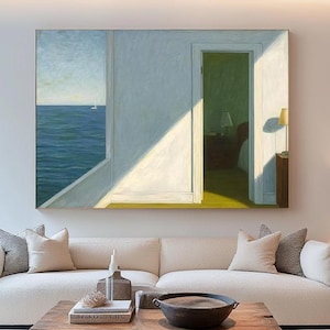 Hand-Painted Ocean View Canvas Art: Edward Hopper Style, Modern Seascape