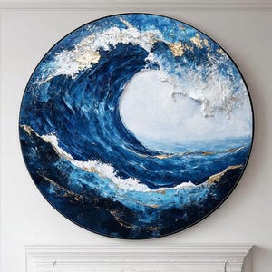 Ocean wave abstract art,circle art,blue and white art, original art,blue texture wall art,3D heavy texture, minimal art,blue gold wall decor