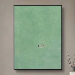 Large green wall art, two girls swimming painting, two girls swimming canvas painting, minimalist art, modern living room mid century,unique