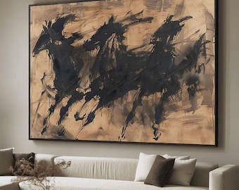 Large horse abstract painting, running horse painting, brown wabi-sabi, horse wall decoration, horse simple painting,horse graffiti painting