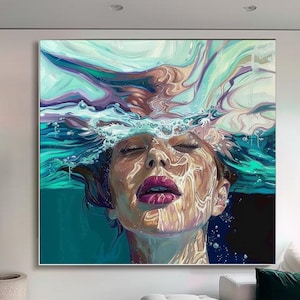girl face art, girl swimming abstract painting, underwater girl art, face art wall decor,swimming acrylic art,handmade art,abstract sea art
