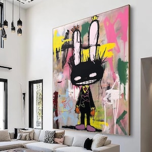 Jean-Michel Basquiat, pop art, large graffiti art, bunny graffiti art, graffiti abstract art, graffiti art, graffiti wall decor,handmade art