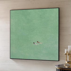 Green wall art,two girls swimming,green minimalist painting,green room decor,green wabi-sabi wall art,painting of people swimming in the sea