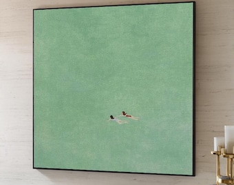 Green Abstract Painting: Two Girls Swimming, Modern Wabi-Sabi Wall Art