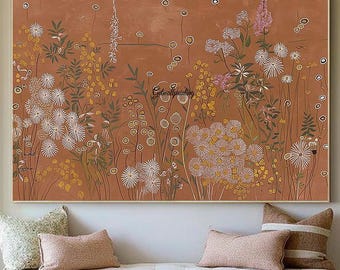 Large Abstract Botanical Oil Painting, Dark Red Minimalist Art