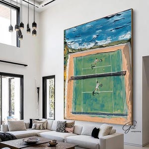 Original tennis court painting, modern abstract seaside art, seaside tennis court oil painting, green tennis court acrylic art, sports art