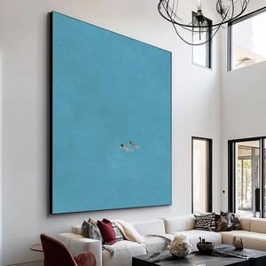 Two girls swimming painting, abstract blue ocean acrylic painting, blue acrylic art, swimming art wall decor, blue oil painting,handmade art