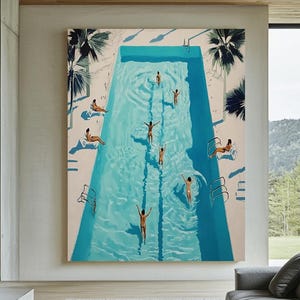 Swimming pool minimalist art, multi-person swimming pool painting, multi-person swimming art, people swimming abstract art, water play art