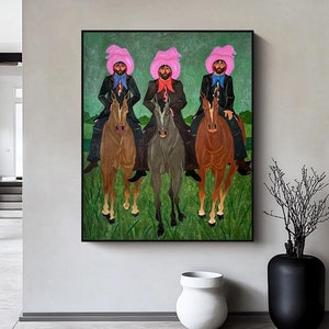 Man on horseback，Abstract Cartoon Characters Oil Painting on Canvas，Man in pink hat，Sage green Minimalist wall art，Interesting portraits