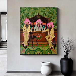 Pintura de figuras de vaqueros del oeste, retratos interesantes, dibujo de figuras masculinas vintage, arte mural verde oliva, pintura masculina minimalista